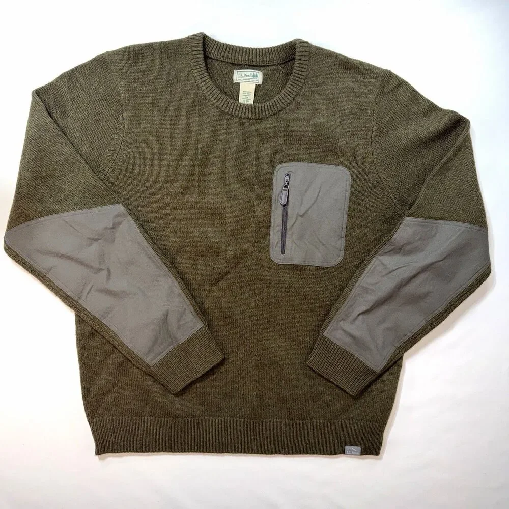 L.L.Bean Men’s XL Reg Merino Lambswool Sweater Olive Brown Utility Patch Pocket